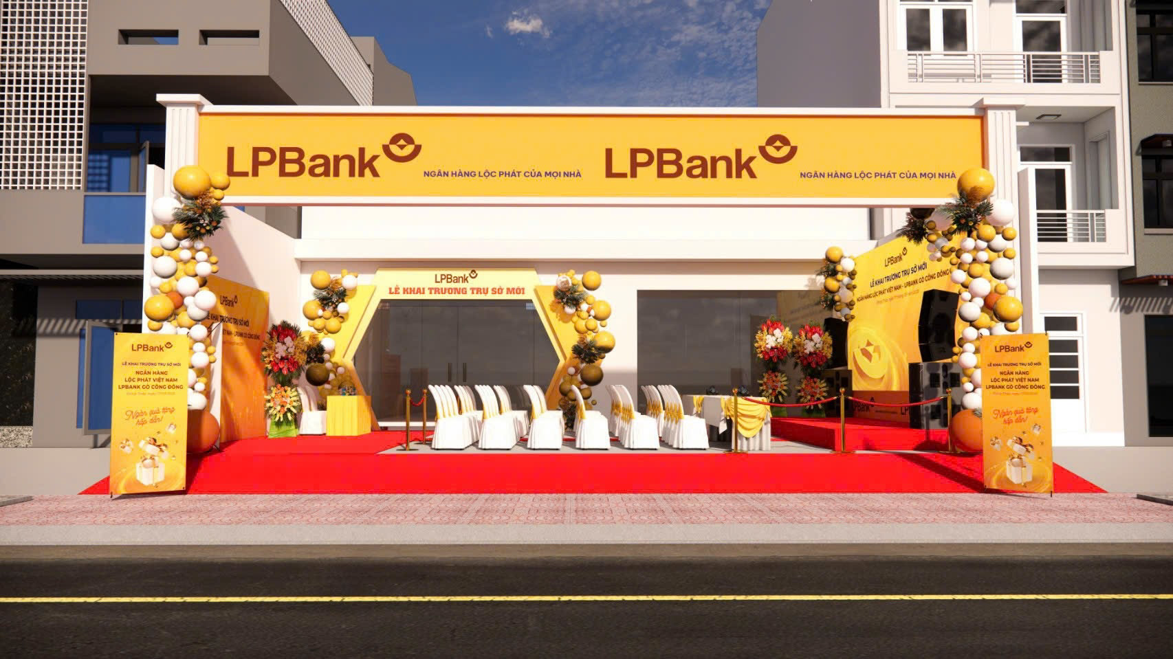 Phối cảnh 3D chính diện không gian lễ khai trương trụ sở mới ngân hàng LPBank tràn ngập sắc vàng và thảm đỏ sang trọng.