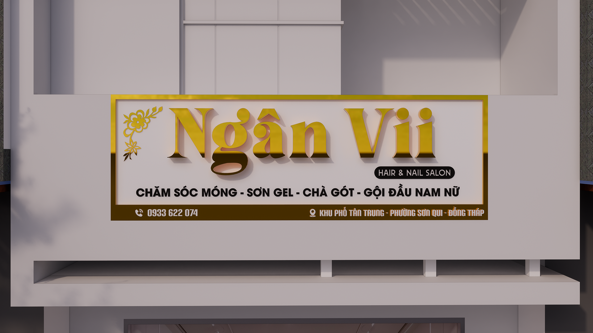 Bản thiết kế phối cảnh 3D biển hiệu mặt tiền tiệm Ngân Vii Hair & Nail Salon tại Đồng Tháp