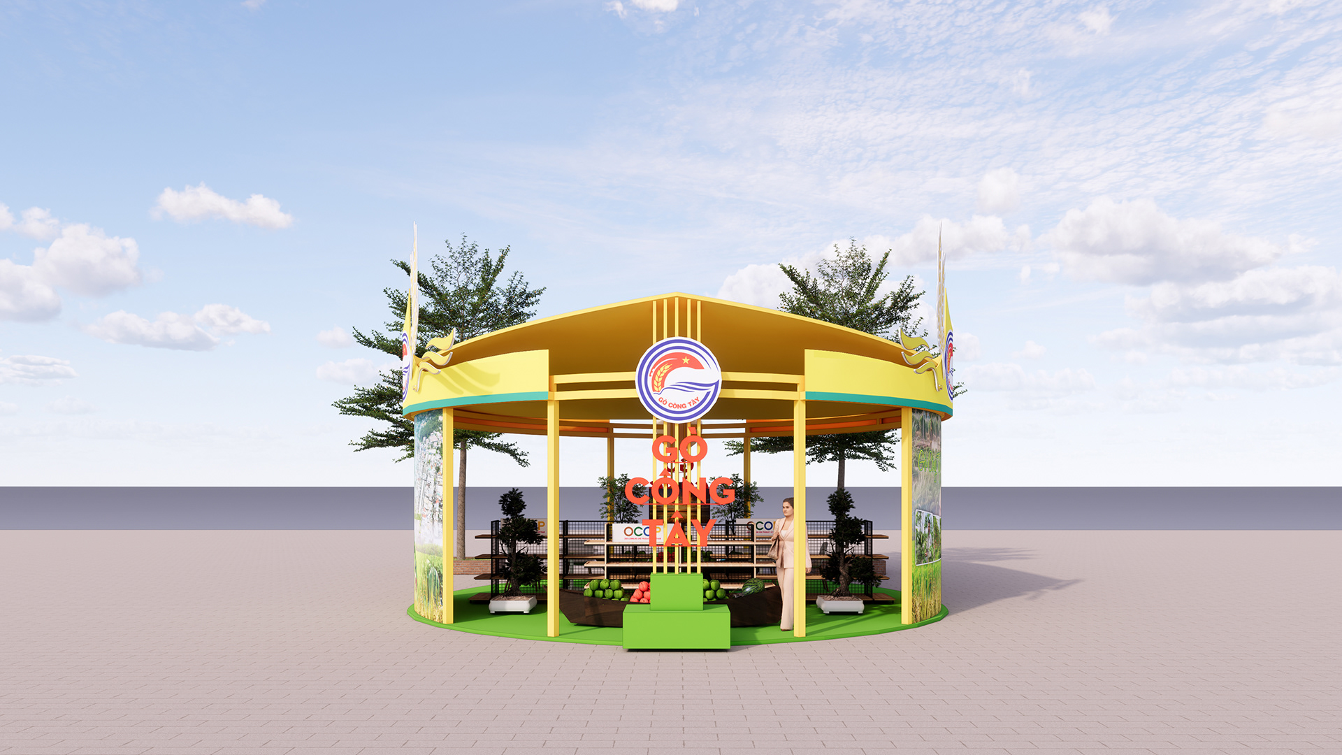 Phối cảnh 3D chính diện gian hàng trưng bày sản phẩm OCOP huyện Gò Công Tây tại Quảng trường Mỹ Tho, thiết kế mái vòm cong màu vàng rực rỡ và hệ chữ nổi nhận diện ấn tượng.