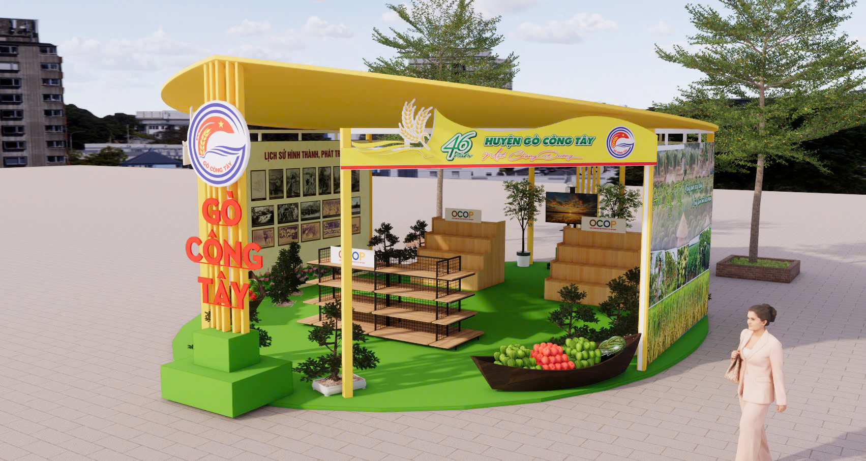 Phối cảnh 3D chính diện gian hàng trưng bày sản phẩm OCOP huyện Gò Công Tây tại Quảng trường Mỹ Tho, thiết kế mái vòm cong màu vàng rực rỡ và hệ chữ nổi nhận diện ấn tượng.