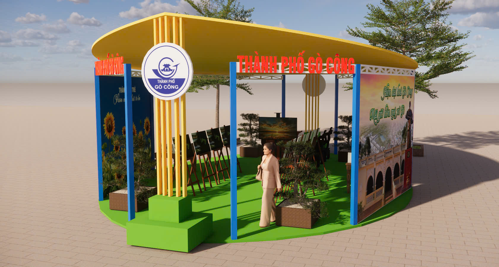 Phối cảnh 3D chính diện gian hàng trưng bày sản phẩm OCOP huyện Gò Công Tây tại Quảng trường Mỹ Tho, thiết kế mái vòm cong màu vàng rực rỡ và hệ chữ nổi nhận diện ấn tượng.
