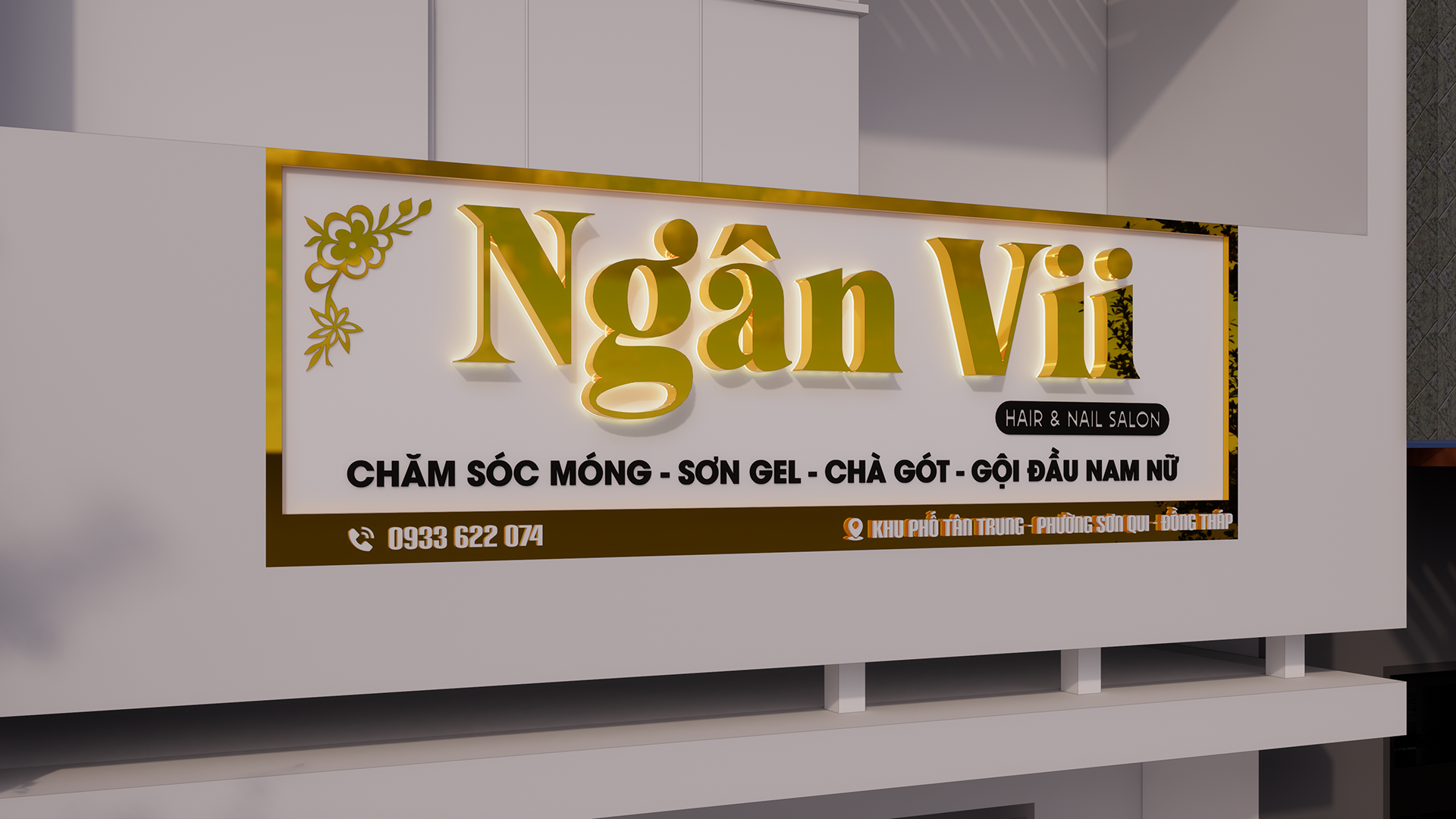 Bản thiết kế phối cảnh 3D biển hiệu mặt tiền tiệm Ngân Vii Hair & Nail Salon tại Đồng Tháp