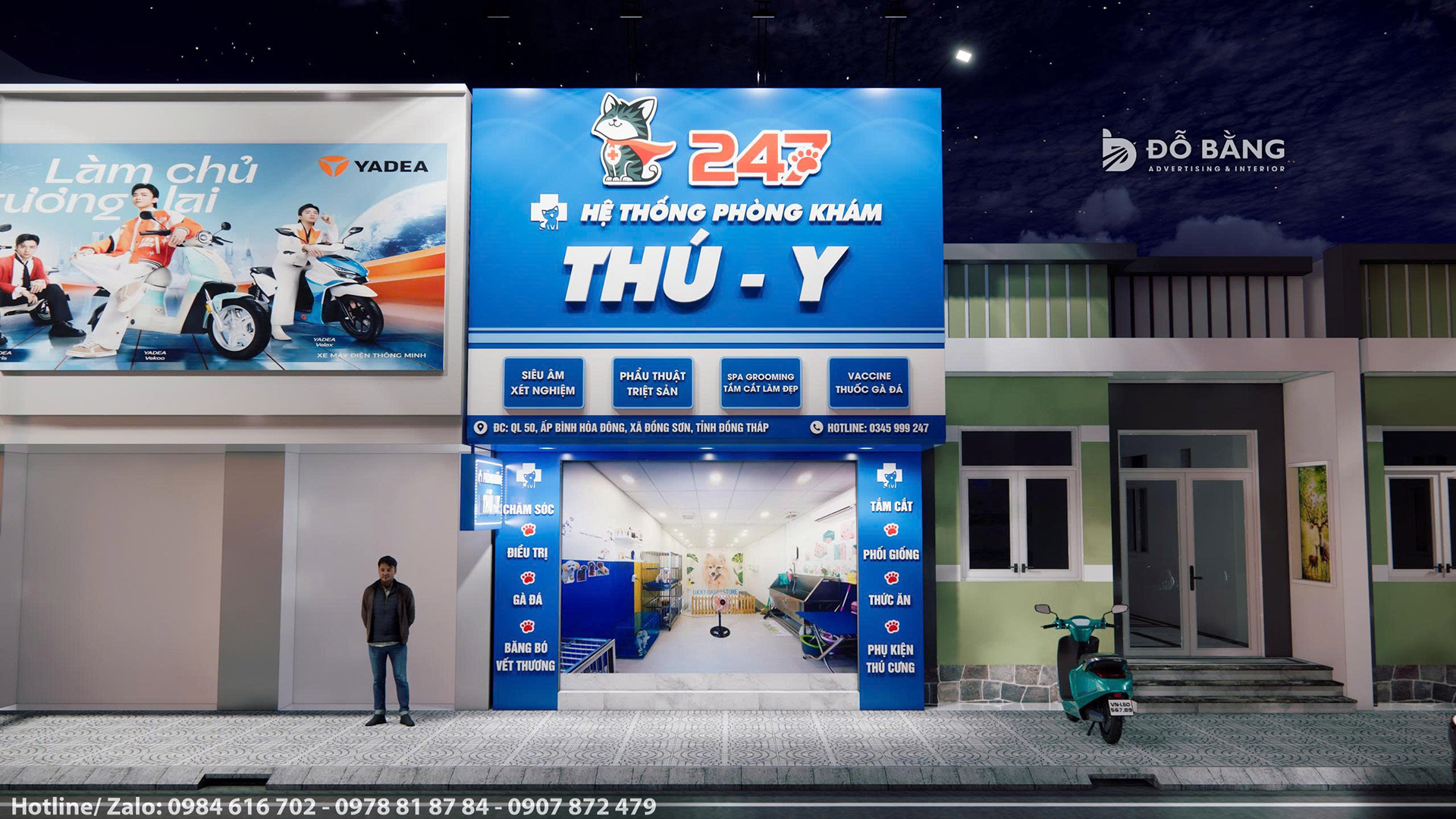 Bản thiết kế phối cảnh mặt tiền ban đêm của phòng khám thú y 247 nổi bật với biển hiệu lớn màu xanh dương.