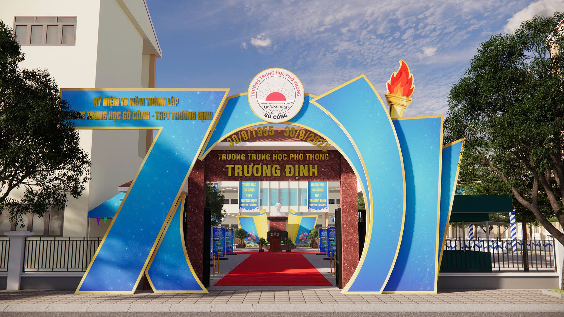 Cổng chào lớn màu xanh hình số 70 cách điệu với ngọn đuốc, kỷ niệm 70 năm thành lập trường THPT Trương Định.