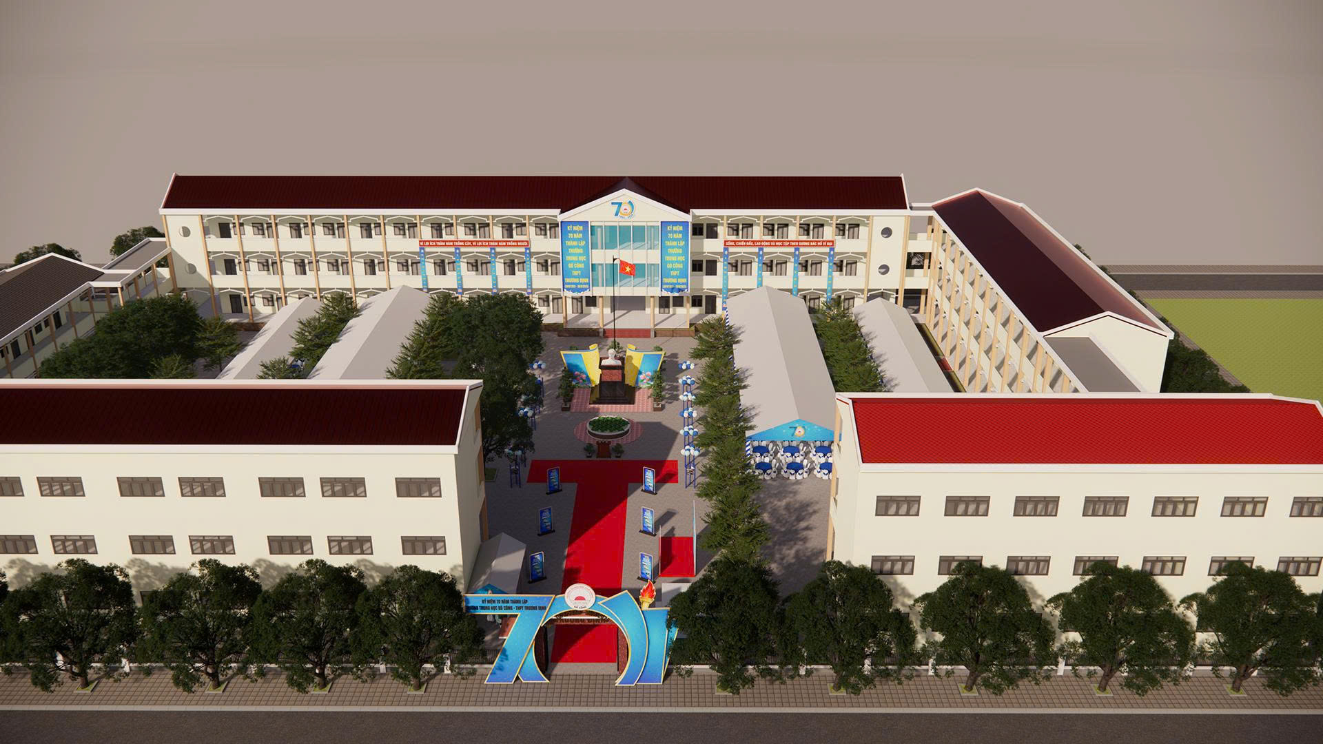 Phối cảnh góc cao toàn cảnh khuôn viên một trường học được trang hoàng trang trọng để kỷ niệm 70 năm thành lập.