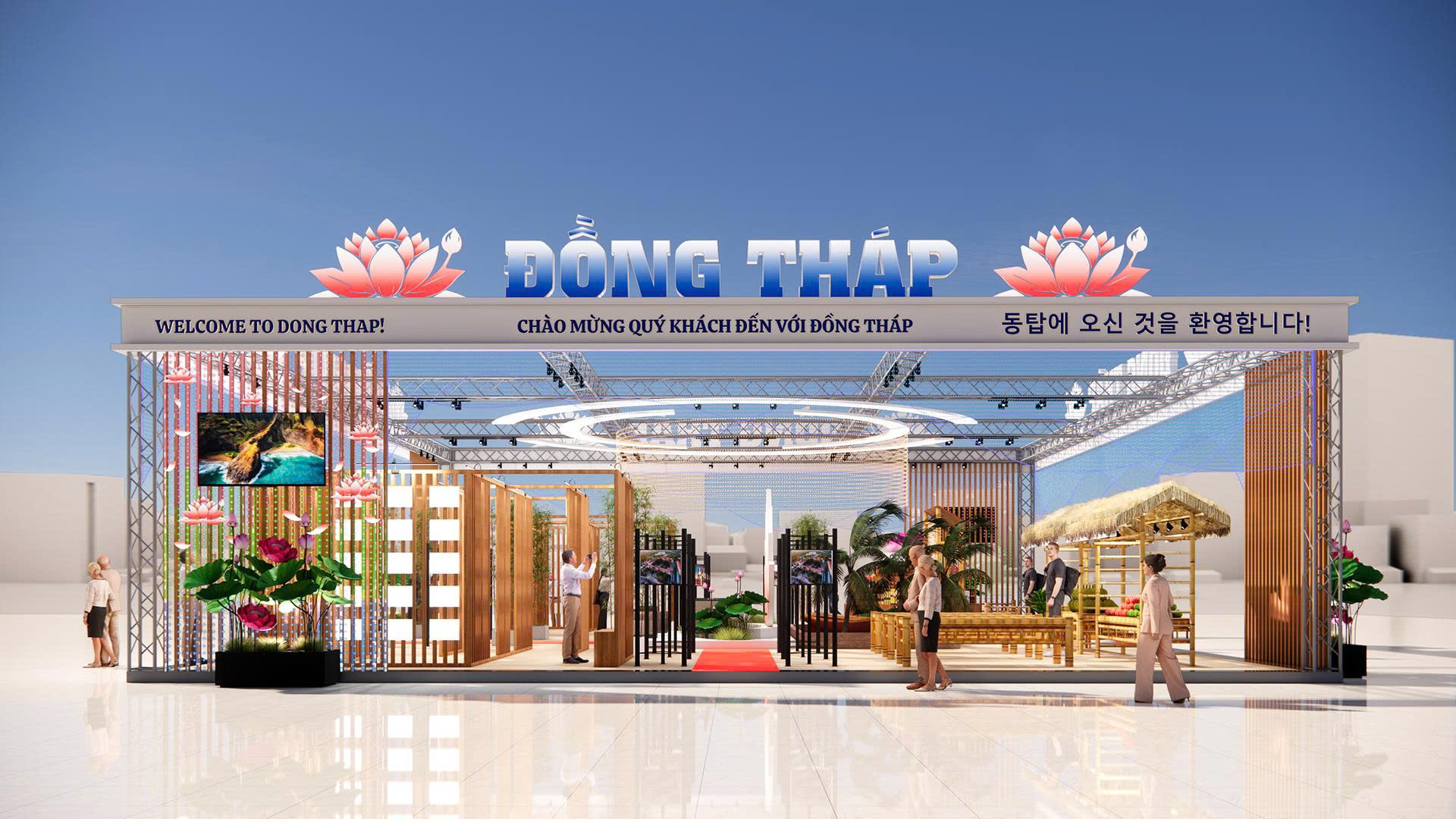 Phối cảnh 3D chính diện gian hàng triển lãm tỉnh Đồng Tháp với cổng chào chữ nổi quy mô lớn, tích hợp biểu tượng hoa sen và khu trưng bày nông sản đặc trưng.